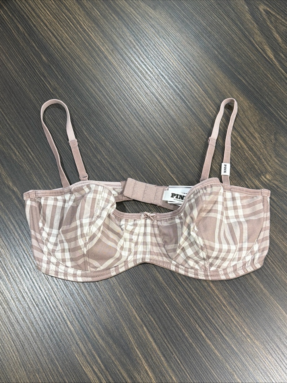 NWT Pink Victoria’s Secret 2024 Brown Plaid Balconette Unlined Bra Size 34DD